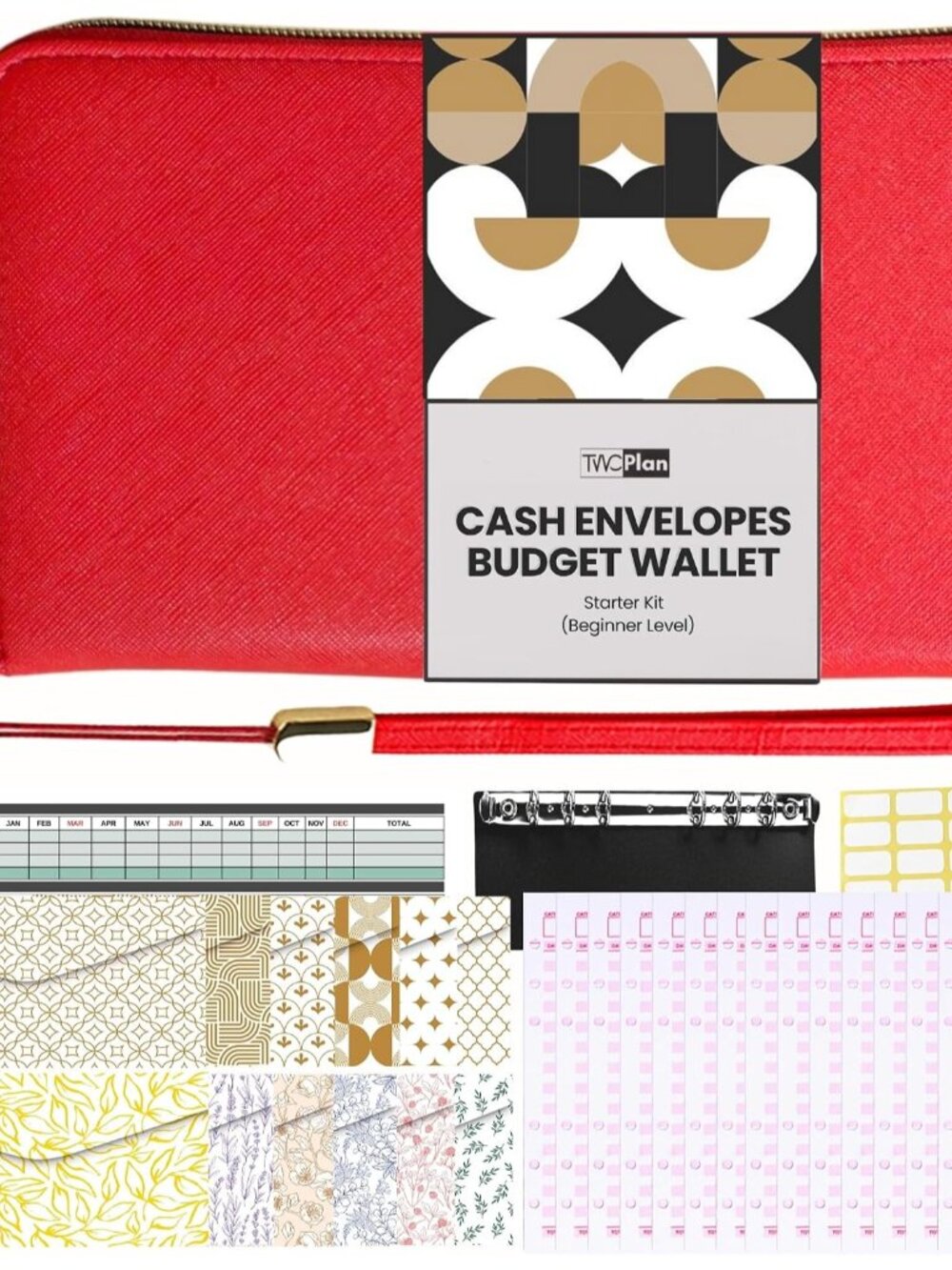 Cash Envelope Wallet Red All in One Budget System RFID Blocking with 12x Tabbed